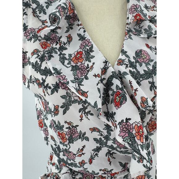 Max Studio White Ruffle Floral Wrap Top Tie Waist Blouse Sleeveless Small NWT - Picture 4 of 8